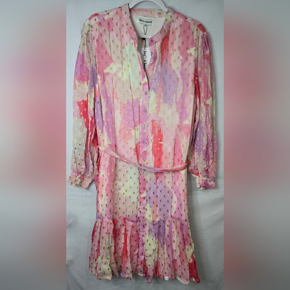 Joy's Closet Pink, Purple, Gold Dot Midi Long sleeve Dress Size 18 NWT
